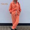 2 Pcs/Set Women Shirt Pants Set Turn-down Collar Single-breasted Long Sleeves Loose Top Drawstring Elastic Waist Wide Leg Trousers Sport Tracksuit