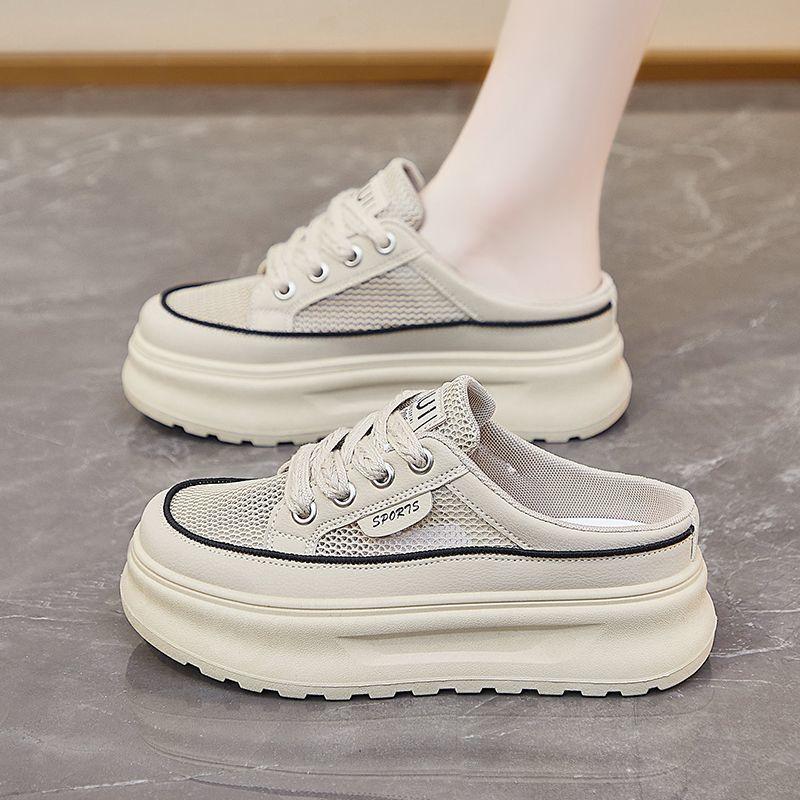 2025 Summer Half Tray White Shoes New Korean Version Ins Female Students Platform Mesh Casual Low-top Lace-up Slippers