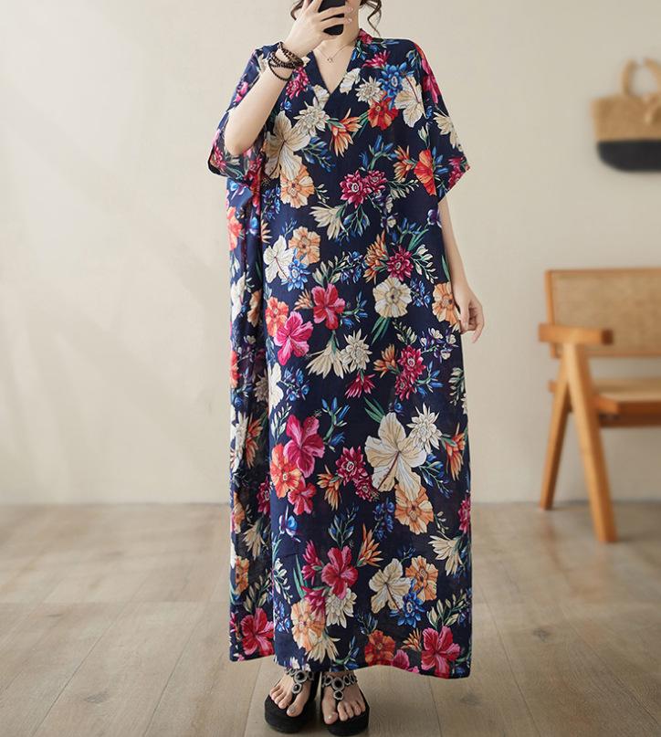 Summer Plus Size Loose Fit Vacation V-Neck Short Sleeve Maxi Dress Women Beach