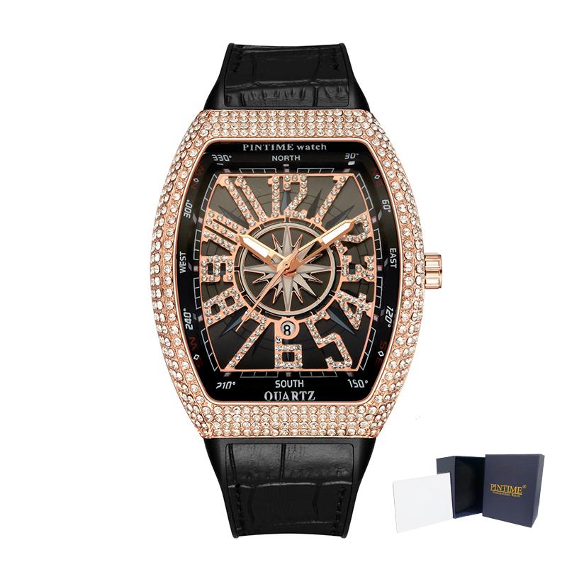 PINTIME Men's Luxury Tonneau Watch Shiny Metal CZ Case Rubber Strap Quartz Fashion Wristwatch Male Clock Relogio Gifts