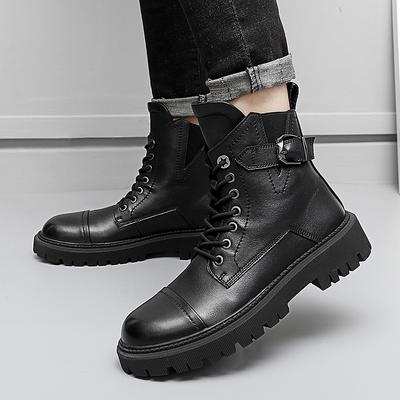 Zapatos de cuero de punta redonda y caña alta de moda Botas de hombre para caminar en motocicleta al aire libre, modernas y versátiles, zapatos de suela gruesa