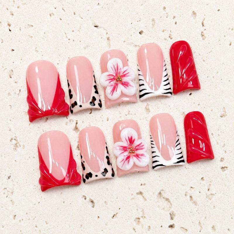 Handmade Short Duckbill Press-On Nails With 3D Cherry Blossom Leopard Zebra Patterns Women