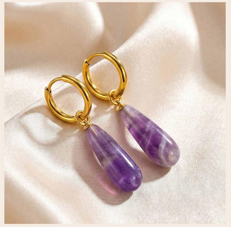Natural Stone Drop Earrings 18k Gold Plated Stainless Steel Teardrop Amethyst Tiger Eye Rose Quartz Jewelry Nickel-Free