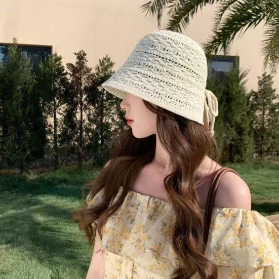 Summer Basin Hat Crochet Hollow Design Sun Protection Hat Wide Brim Back Slit Design Lace-up Knitted Outdoor Cap