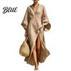 Slimming Loose Dress Women's Cotton Linen Maxi Dress V Neck Batwing Sleeve Sweat-absorbent High Split Casual Beach Sundress with Pockets Vacation
