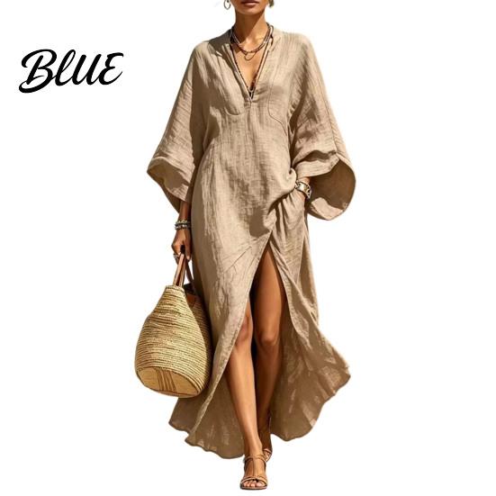 Slimming Loose Dress Women's Cotton Linen Maxi Dress V Neck Batwing Sleeve Sweat-absorbent High Split Casual Beach Sundress with Pockets Vacation