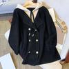 Women Jacket Fake Two-piece Drawstring Double-breasted Long Sleeves Cardigan Contrast Color Jacket