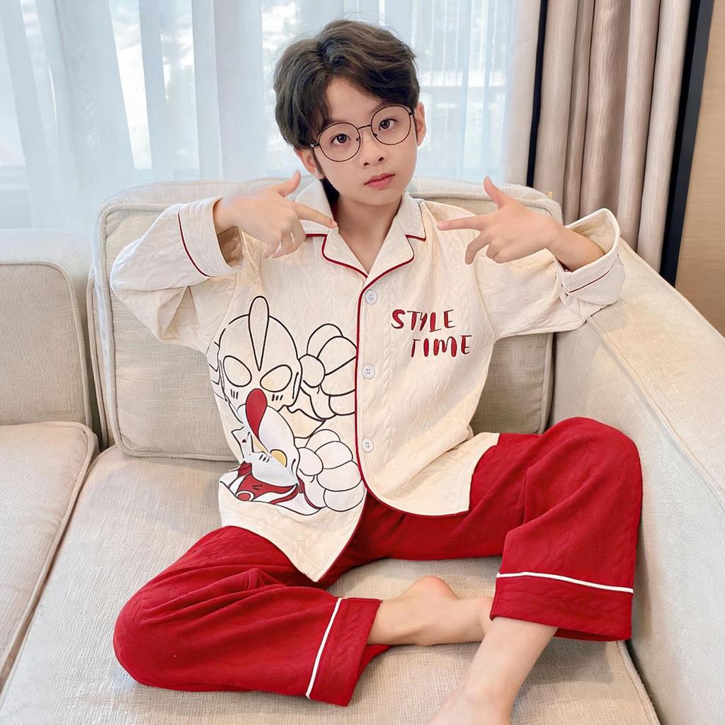 2026 Spring/Autumn New Red Pure Cotton Parent-Child Pajamas Set - Long Sleeve Cardigan with Lapel.