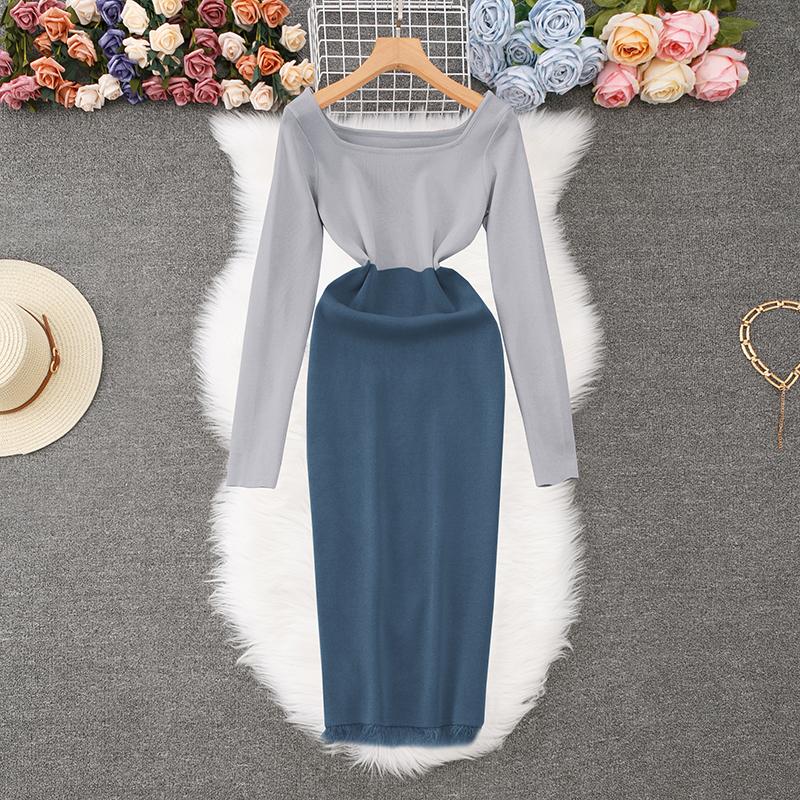 

Осінній жіночий елегантний в’язаний светр з круглим вирізом Офісна робота Тонкі облягаючі сукні-футляри One Size