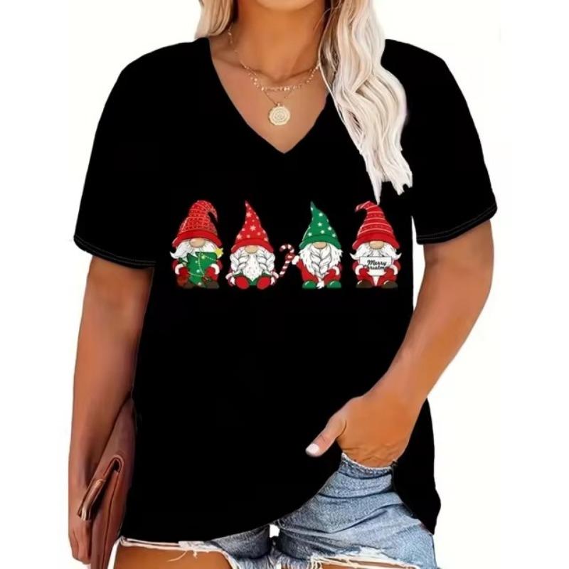 Móda Červený Štědrý den Dámské oblečení Letní tričko Výstřih do V Volné Krátký rukáv Vánoční tričko Trend Horké prodejní styly