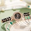 New Fashion Women Quartz Watch Leaf Design Slim Strap Rhinestone Round Dial Pull Adjustable Bracelet Wristwatch