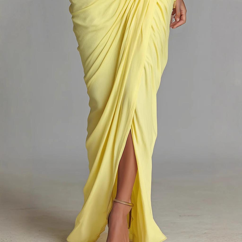 Women'S Yellow Pleated Waist Temperament Dress High Neck Long Dress