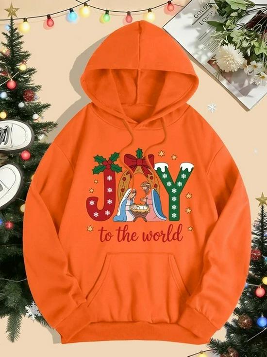 Women’s Merry Christmas Happy World Print Pocket Loose Hoodie