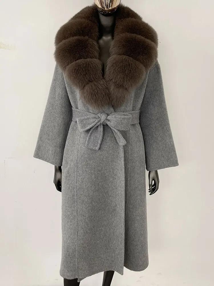 OFTBUY Kabát z pravé kožešiny 2024 Nadměrný dámský svrchní oděv Zimní dámská bunda s límcem z přírodní liščí kožešiny Kapuce Kašmírová vlněná směs Kabát