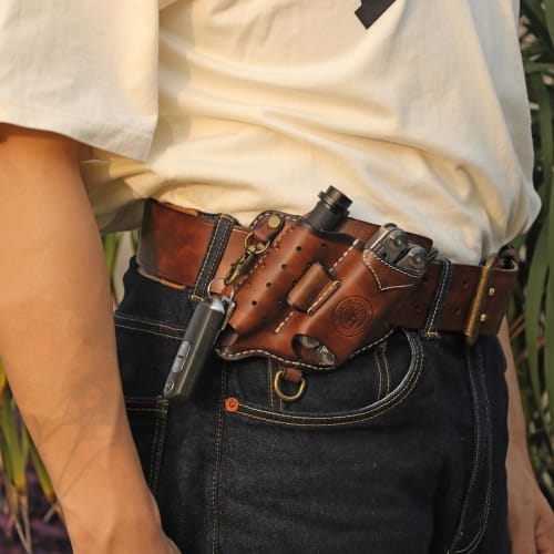 TOURBON Leather Multi-Tool Holder Belt Case for Flashlight, Pliers, and Tactical Pen