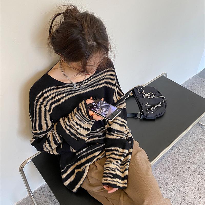 NOI Punk gotic cu dungi cu mânecă lungă pulover mozaic liber Hip Hop Retro oversize pulover Pulover tricotat casual