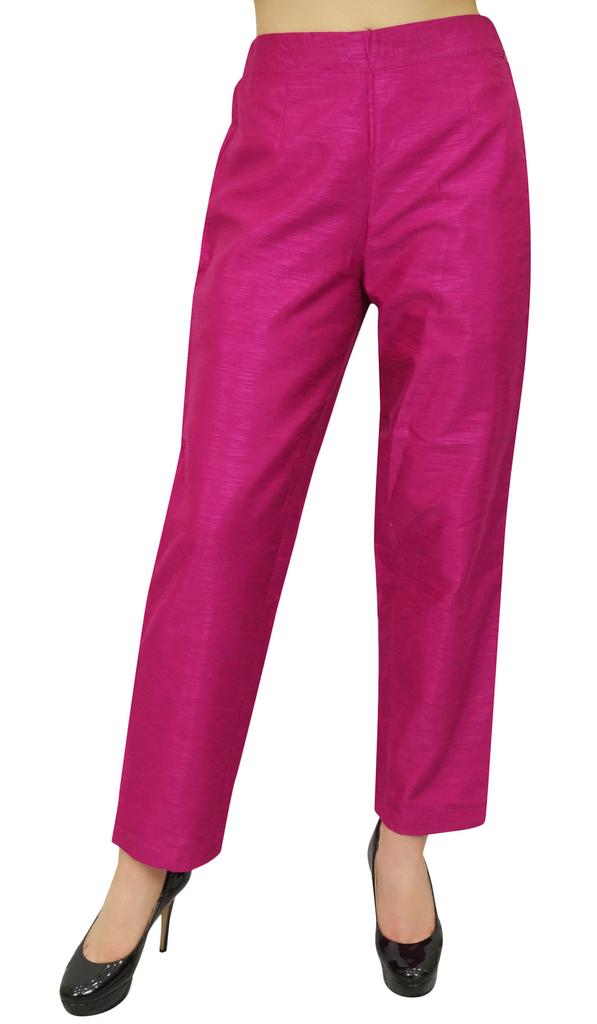 Phagun Women's Beige Dupion Pants High Waist Narrow Bottom Trousers-Large