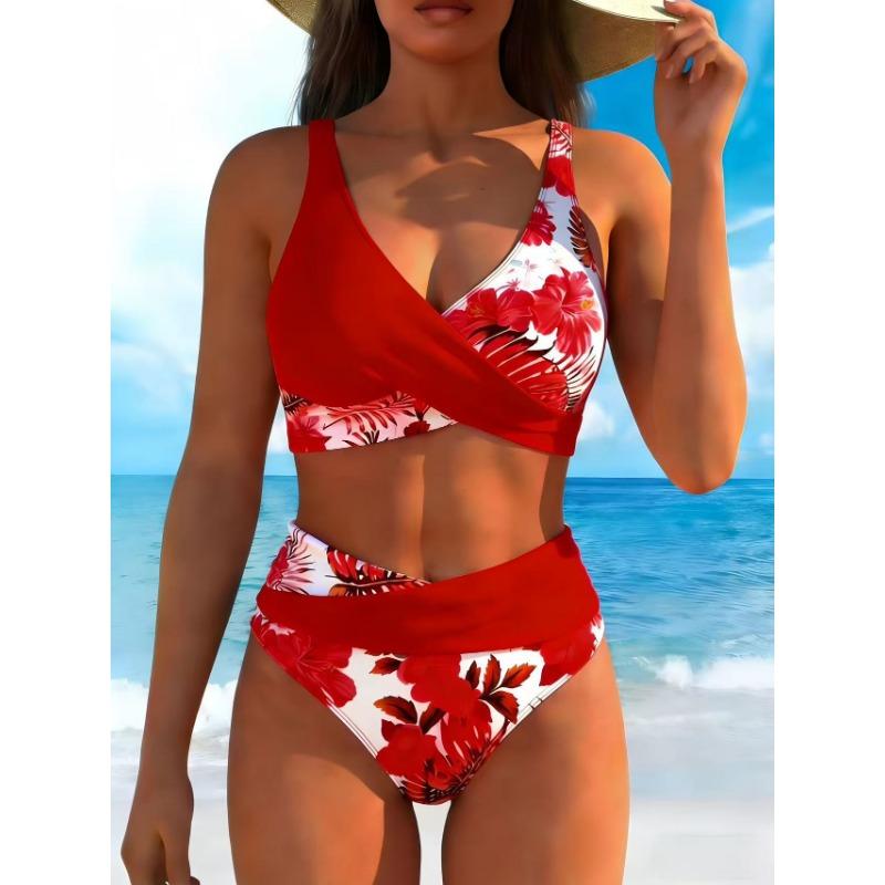 Women's Pink Floral Print High Waist Bikini Set, Color Block Wrap Two Piece Swimwear