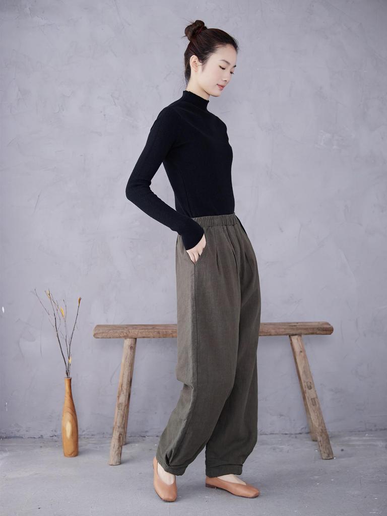 Damen High Waist Schlankmachende Baumwoll-Leinen Warme Hose