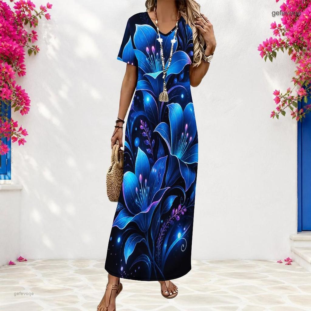 Women Plus Size V Neck Short Sleeve Floral Printed Straight Long Dress