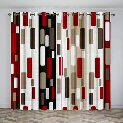 Luxury Design Abstract Geometric Art Red Black Modern 2 Pieces Free Shipping Thin Window Curtain For Living Room Bedroom Decor