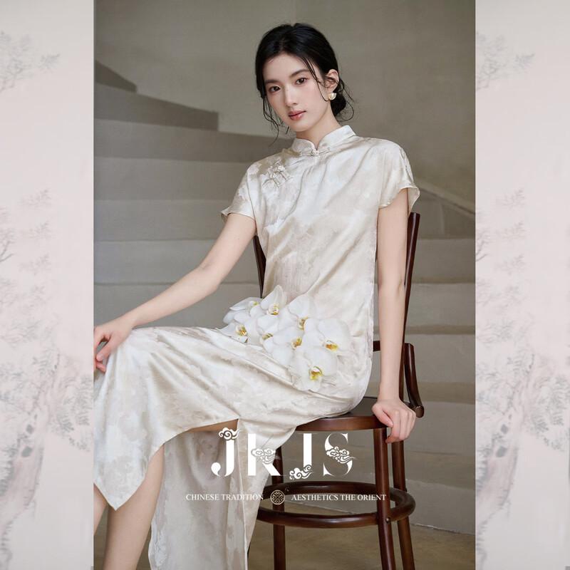 JK&JS Elegantes Jacquard-Cheongsam-Kleid im Neuen Chinesischen Stil mit Schlitz