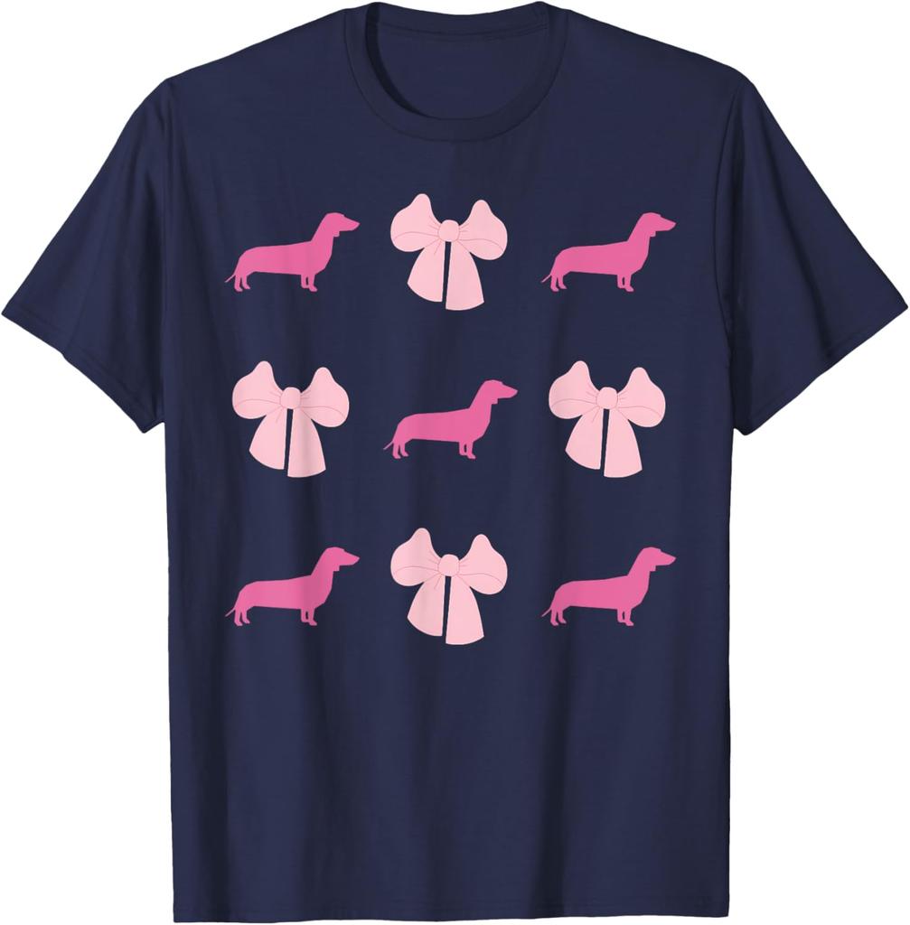 Pink Dachshund Bow Pattern Graphic Tee Cute Wiener Dog Lover Short Sleeve T-Shirt