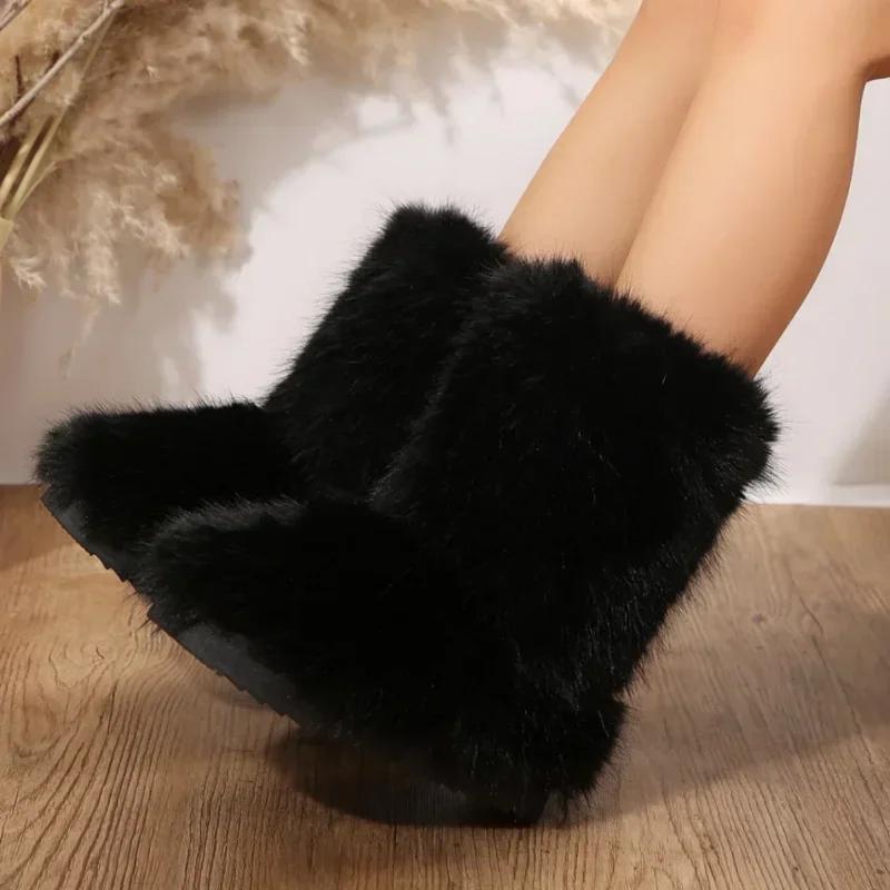 Botas de Esquí Slip-on de Invierno para Mujer Botas de Media Caña con Plataforma y Punta Redonda Cálidas de Felpa de Tacón Medio Casuales para Mujer Botas de Nieve Peludas y Esponjosas