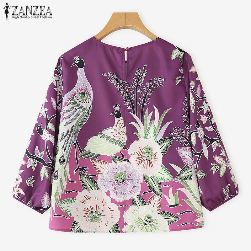 ZANZEA Women Casual Round Neck 3/4 Sleeve Loose Print Blouse