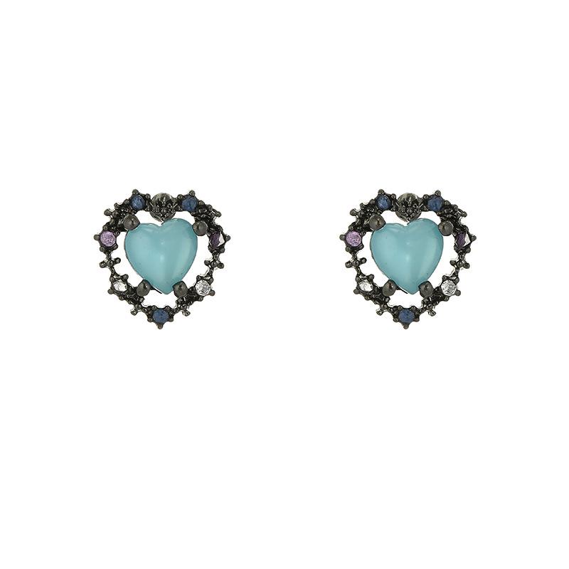 Aiguille en Argent 925 Cœur Noir & Cristal Bleu Brume Boucles d'Oreilles Coréennes Clips d'Oreilles