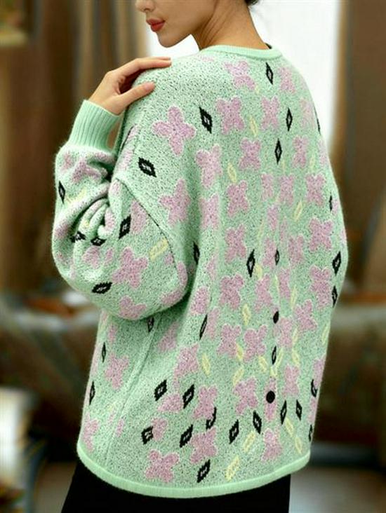 Women's Soft Floral Knit Cardigan - Spring/Autumn 2025: Elegant Long Sleeve, Round Neck Design