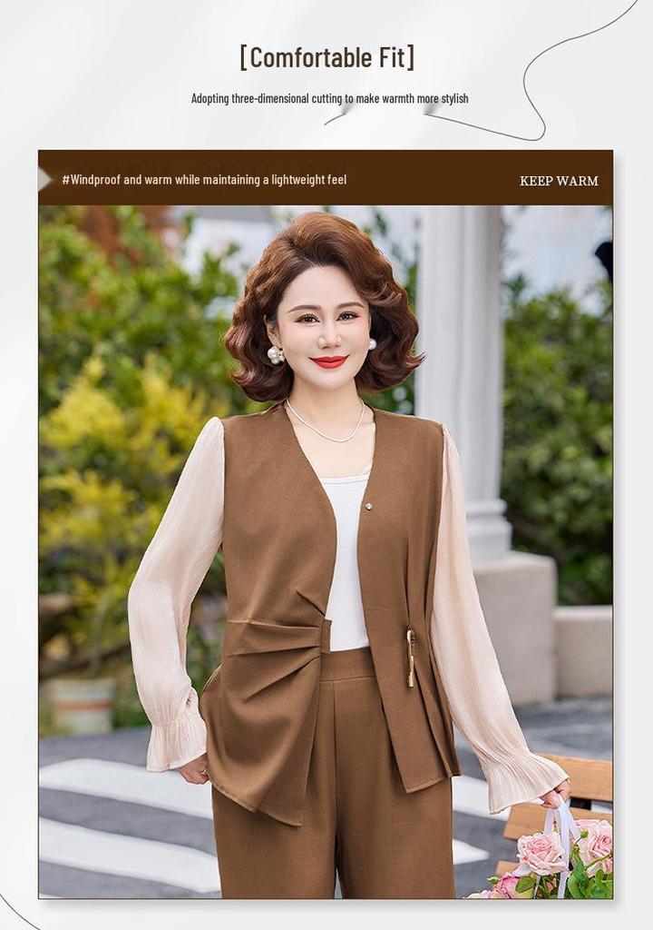 Mother's Plus Size Spring 2026 Two-Piece Set: Short Shirt with Spliced Long Sleeves for Middle-Aged and Elderly Women’s Elegant Style.