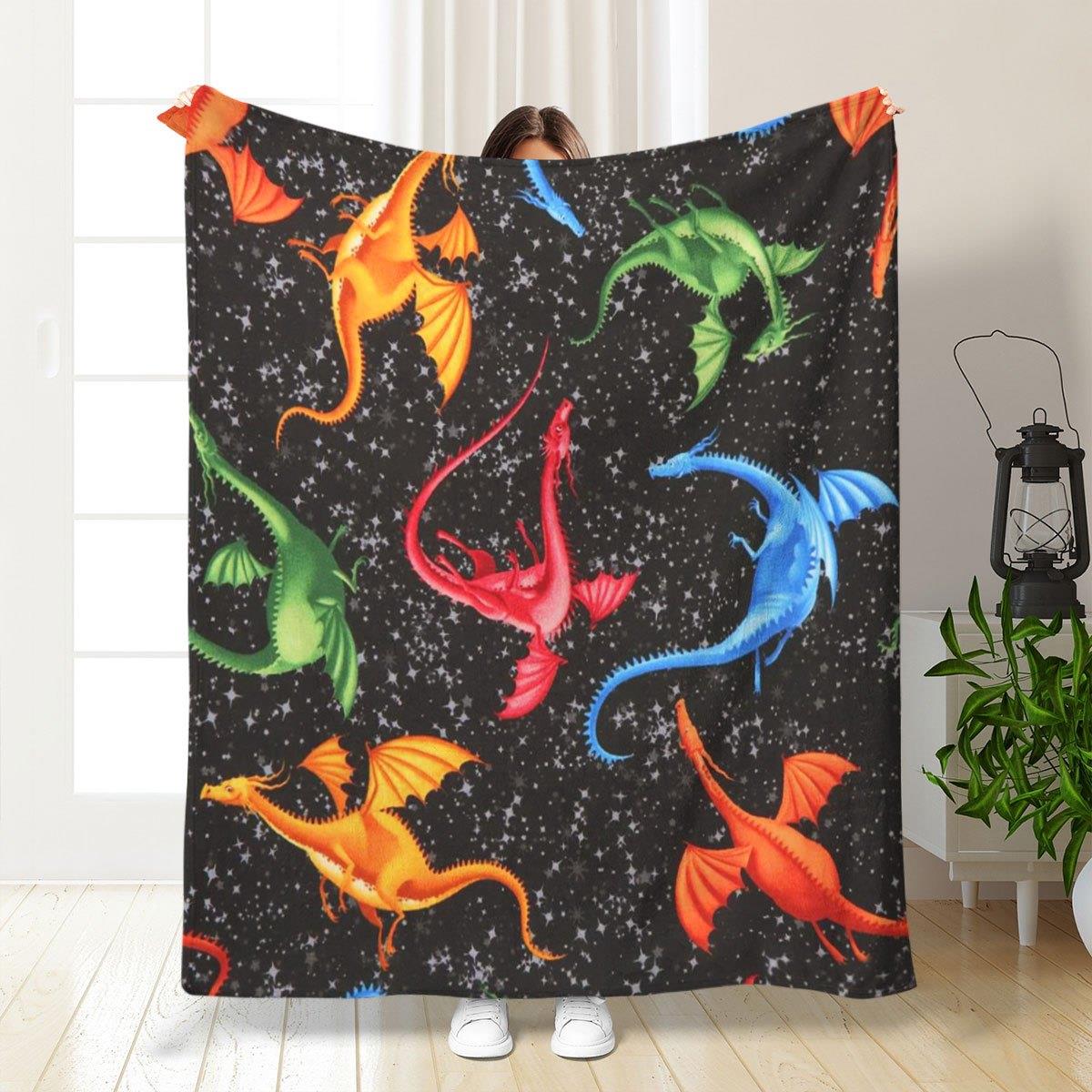 1pc Extra Large Flannel Throw Blanket - Heavyweight All-Season Warmth,Soft Dragon Bedspread with Red,Blue,Green,Golde 130x150cm51x59in