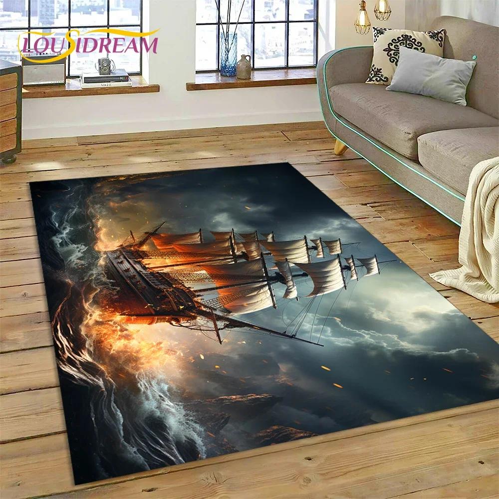 Ancient Pirate Ship Boat,Barque,Sailboa Carpet Rug for Bedroom Living Room Home Sofa Decoration,Child Game Large Decor Floor Mat
