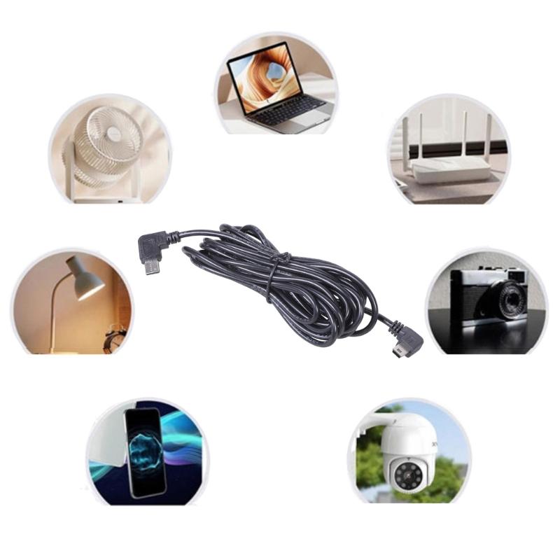 5V Charging Cord 3.40m Right Angled Type C To Mini USB Power Charging Cable For Dashcam Cameras Devices Black