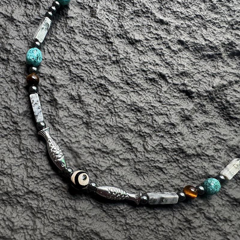 Gaga Retro Silver Beaded Fish Necklace - Ethnic Style Clavicle Chain with Versatile Design