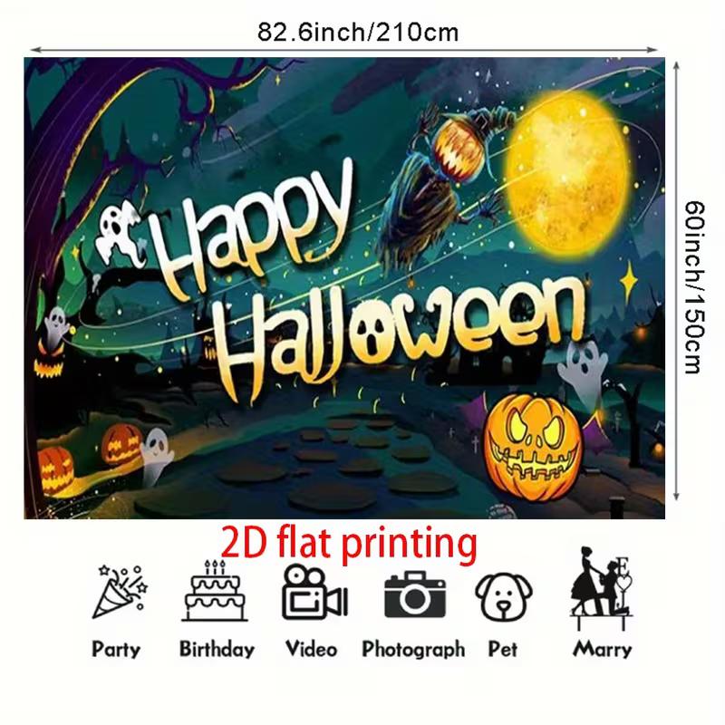2D Flat Print Spooky Halloween Background Cloth with Moon and Witch