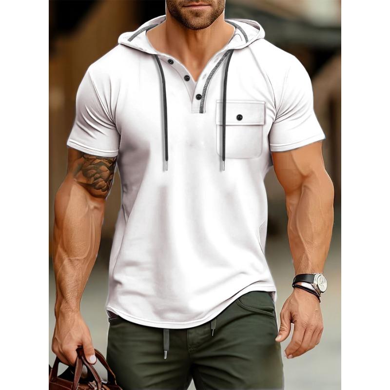 Men S Short Sleeve Hooded Sports Fitness T Shirt M белый