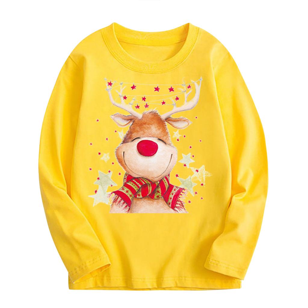Kids Unisex Loose Long Sleeve Cotton Reindeer Cartoon Print Casual T Shirt