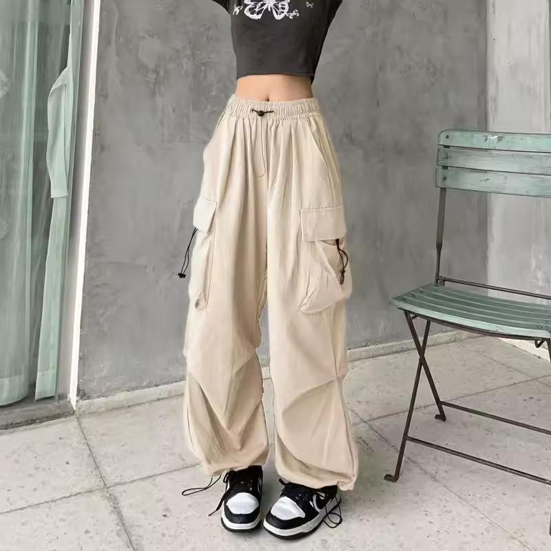 Women Casual Baggy Cargo Pants Solid Low Waist Joggers Tech Pants Drawstring Wide Leg Baggy Trousers Y2K Streetwear Sweatpants