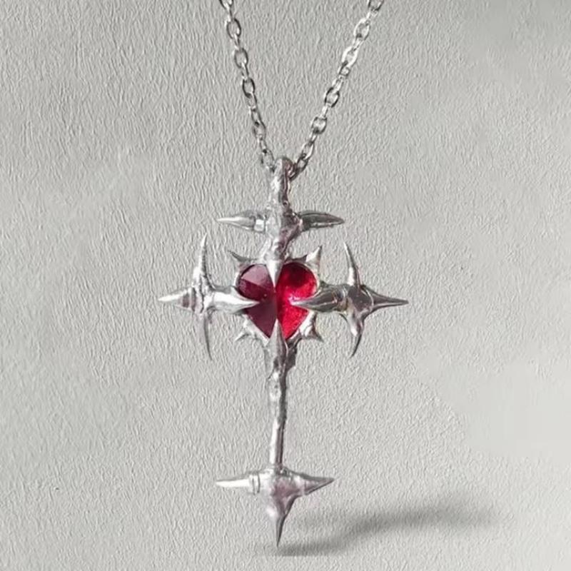 

Gothic Punk Cross Heart Pendant Necklace For Women Men Vintage Unisex Hip-Hop Chain Accessories красный
