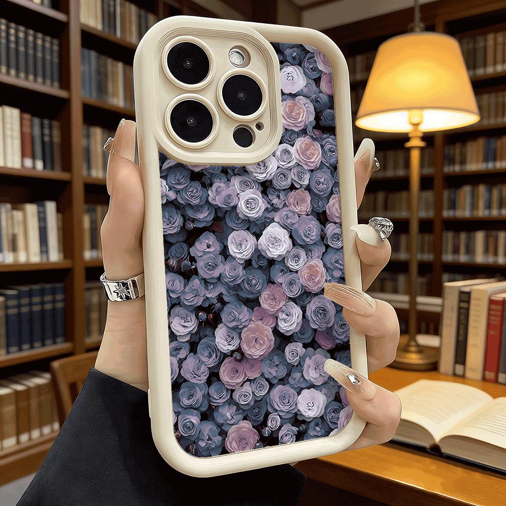 Dense Purple Rose Pattern Soft TPU Phone Case for iPhone 17 16 15 14 13 12 11 Pro Max Plus Shockproof Anti-Slip Cover