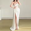 2026 spring European and American style fashion irregular waist sleeveless tube top high split fork personalized versatile dress