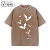 Men's Simple Bat Print Casual Washed T-Shirt Summer Loose Pure Cotton Crew Neck Short Sleeve Retro Street Distressed Trendy Top