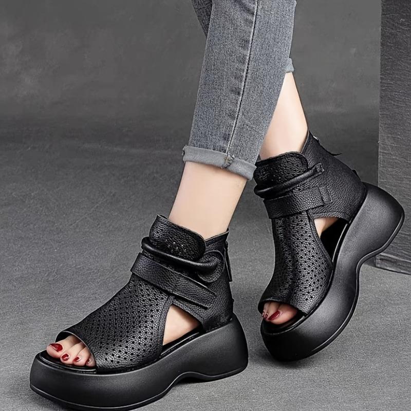 Women's Fashionable Versatile Fishbone Cutout Design Chunky Sole Breathable Roman Sandals