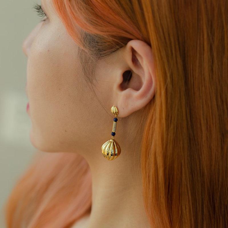 Original Design Retro Lapis Lazuli Earrings For Women Classic Laziness Antique Gold Crafts Glossy Round Beads Earings Jewelry