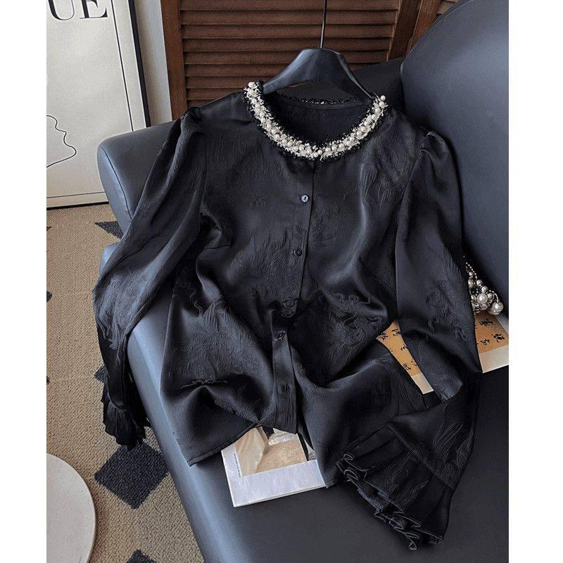 2026 Spring/Autumn High-End Plus Size Beaded Loose Long Sleeve Shirt for Women