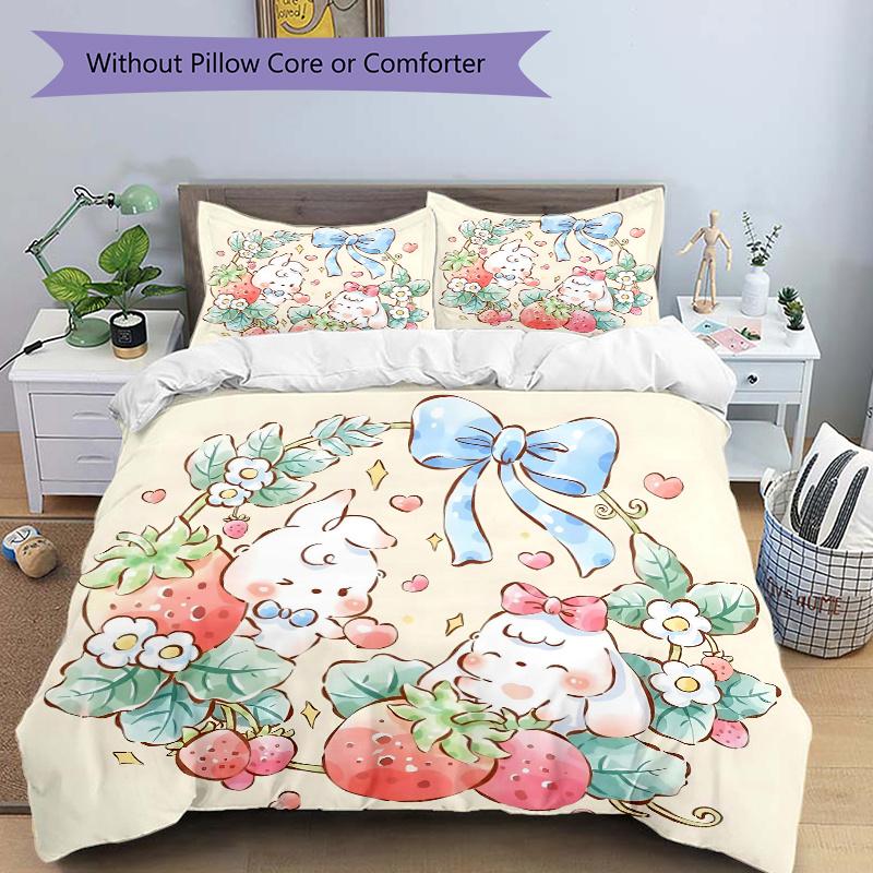 

3pcs Cute Animals & Strawberries Print Bedding Set (Without Inserts), Soft and Comfortable M041 135x200cm