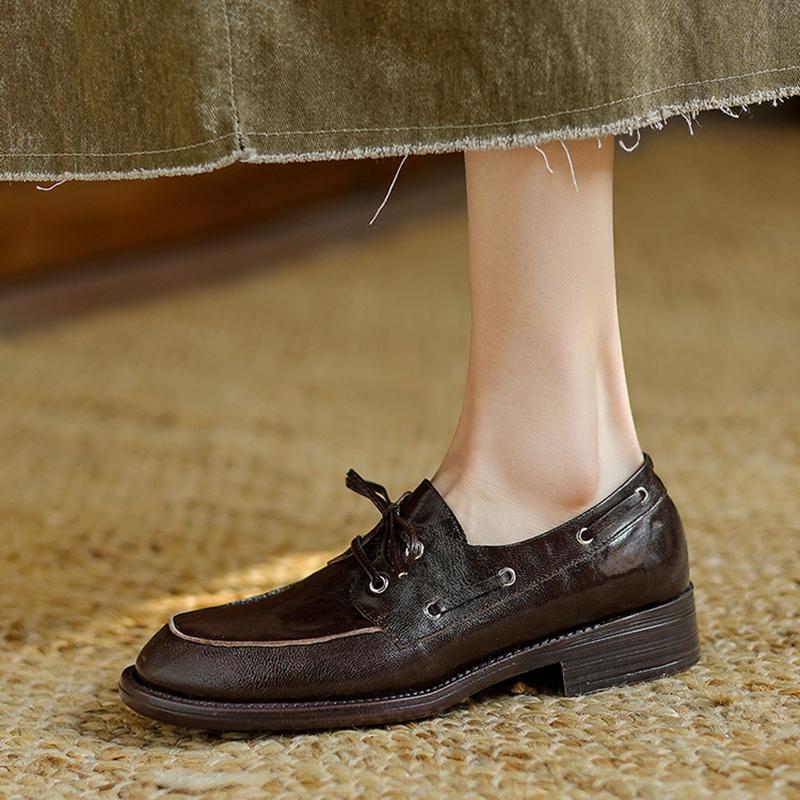 Fashion NEW Spring/Autumn Women Loafers Round Toe Chunky Heel Shoes Genuine Leather Shoes for Women Lace-up Women Pumps Handmade Shoes