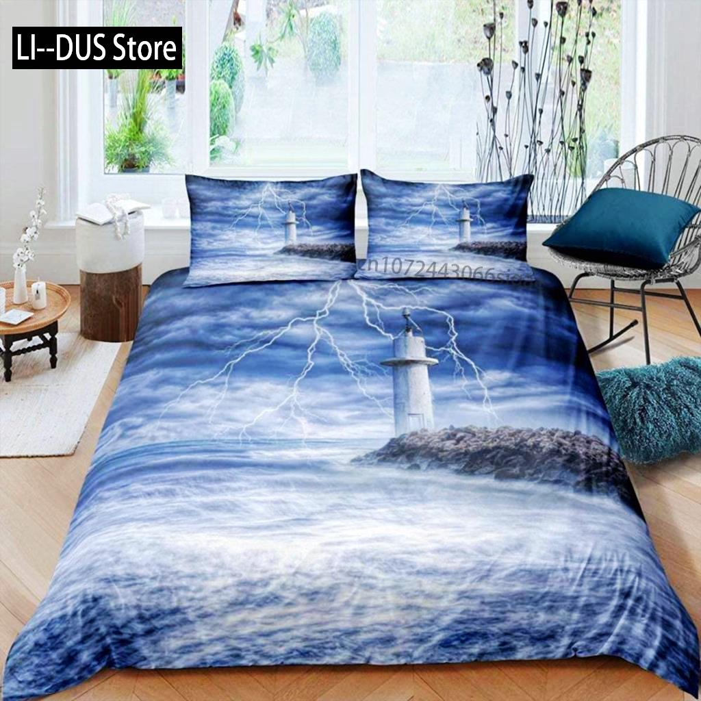 Lighthouse Duvet Cover Set Nautical Surfing Ocean Wave Bedding Set Queen Polyester Coastal Nature Theme Quilt Cover For Kids Boy